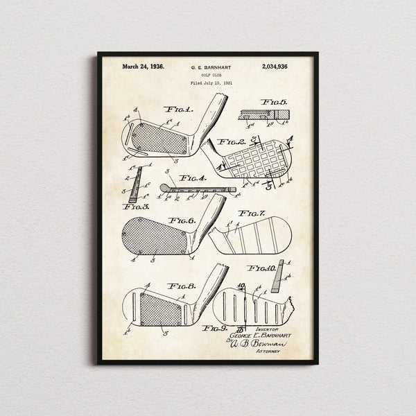 Golf Club Patent Print in the aged paper colourway, framed