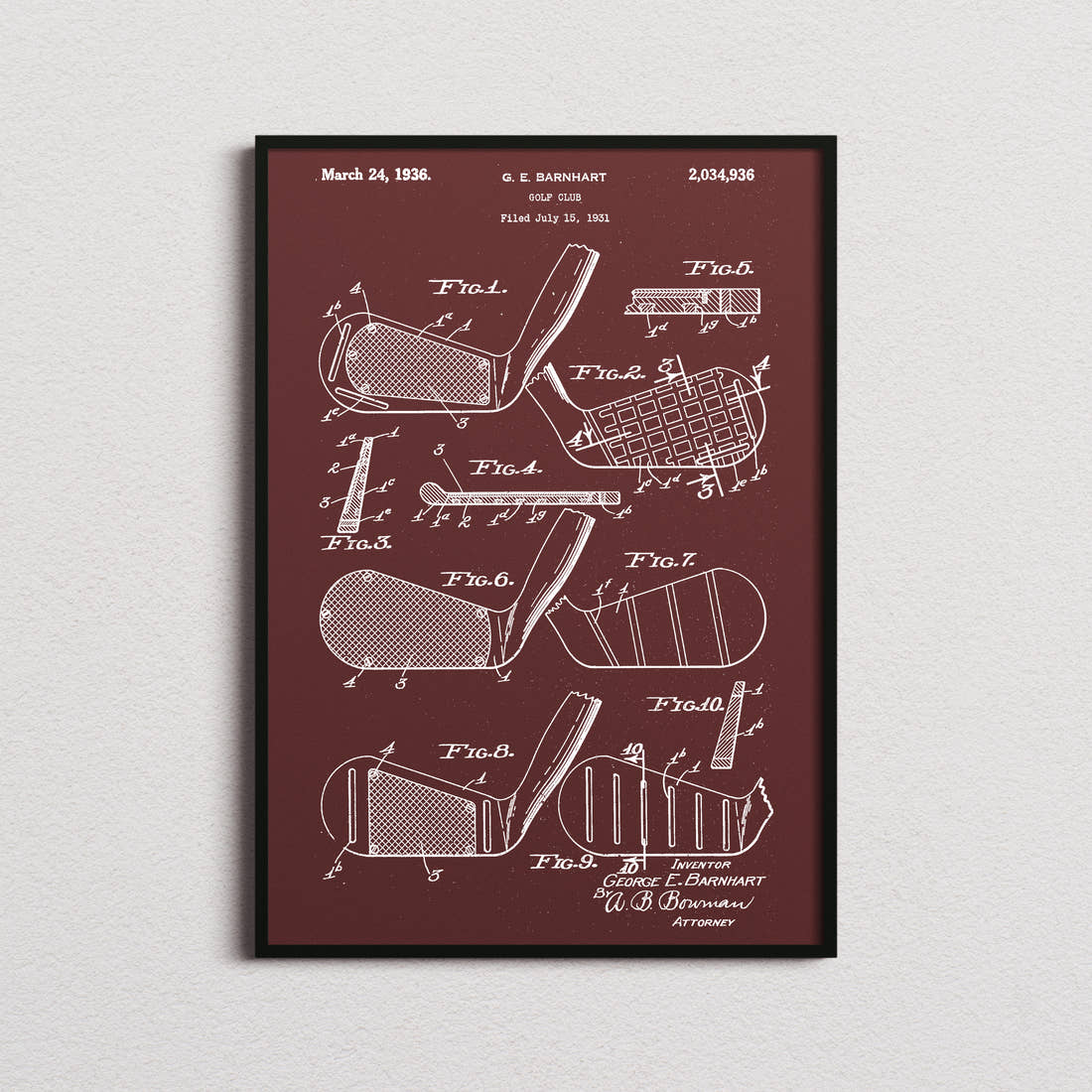 Golf Club Patent Print in the burgundy colourway, framed