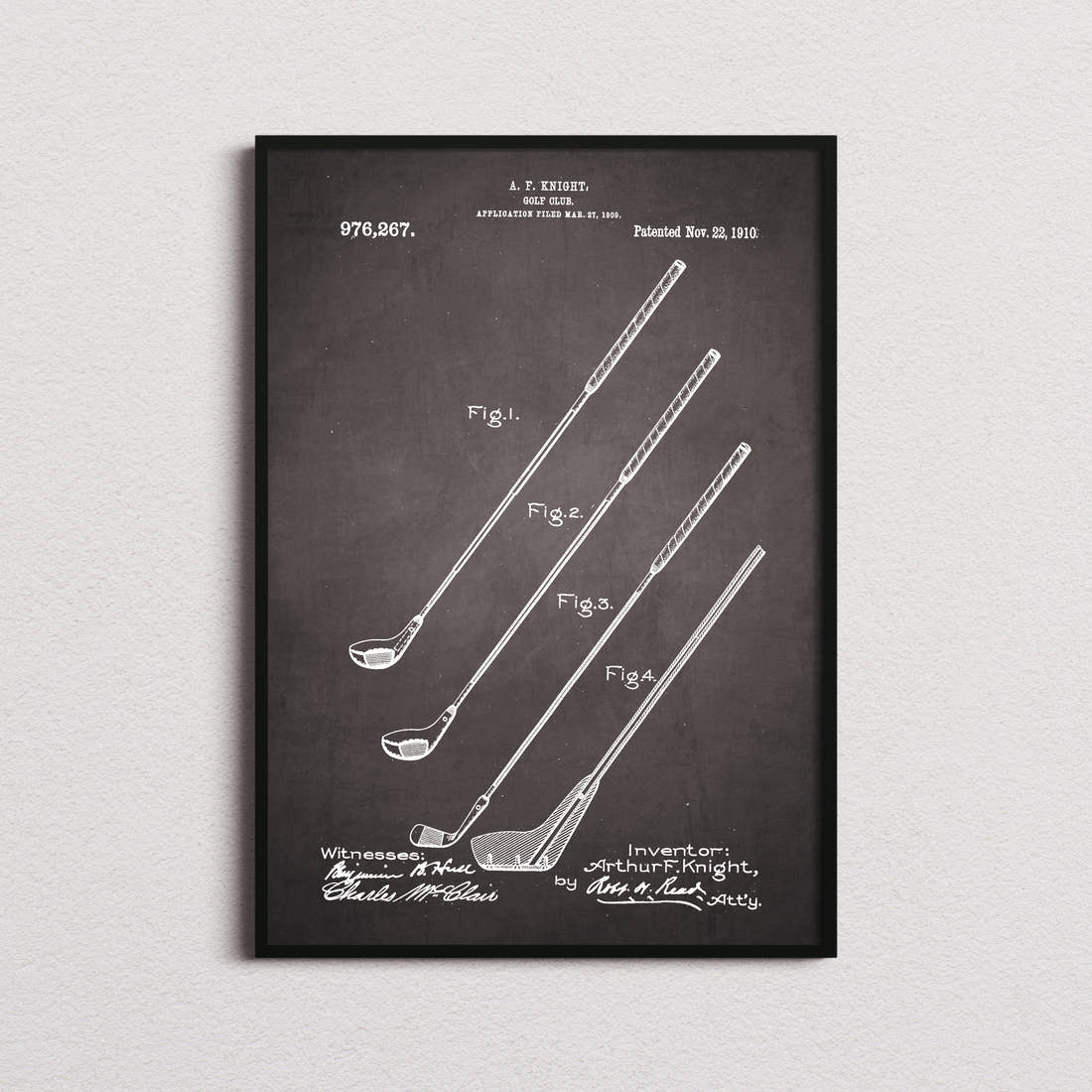 Golf Club Patent Print in the blackboard colourway, framed