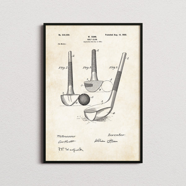 Golf Club Patent Print in the aged paper colourway, framed