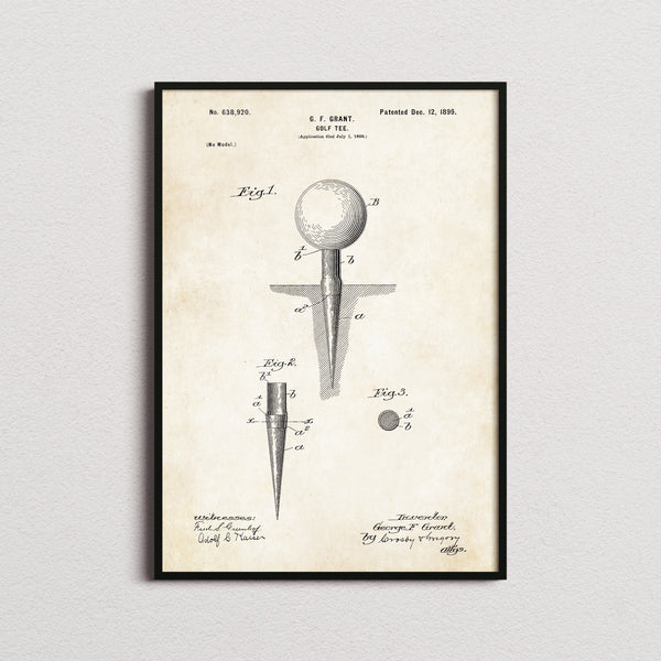Golf Tee Patent Print in the aged paper colourway, framed