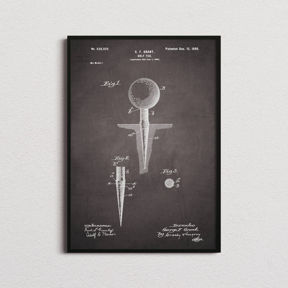 Golf Tee Patent Print in the blackboard colourway, framed