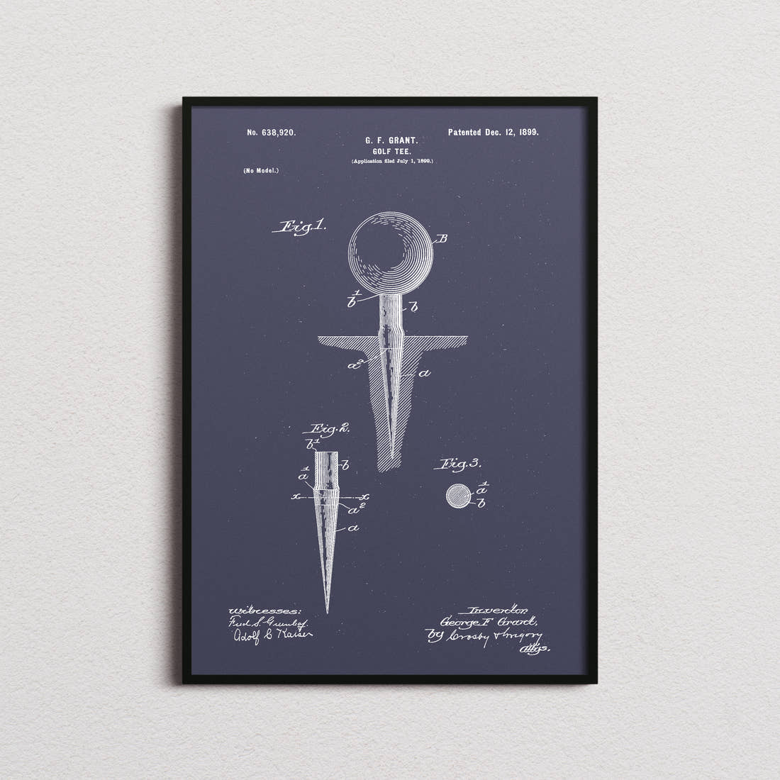 Golf Tee Patent Print in the navy colourway, framed
