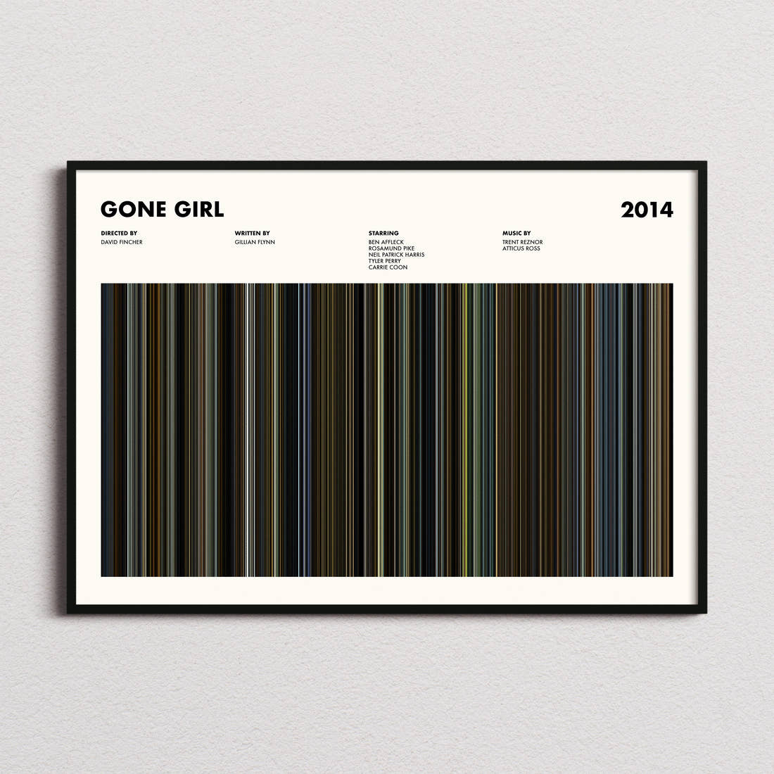 Gone Girl Movie Barcode Poster framed and photographed straight on