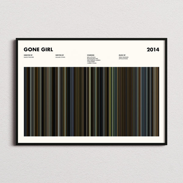Gone Girl Movie Barcode Poster framed and photographed straight on