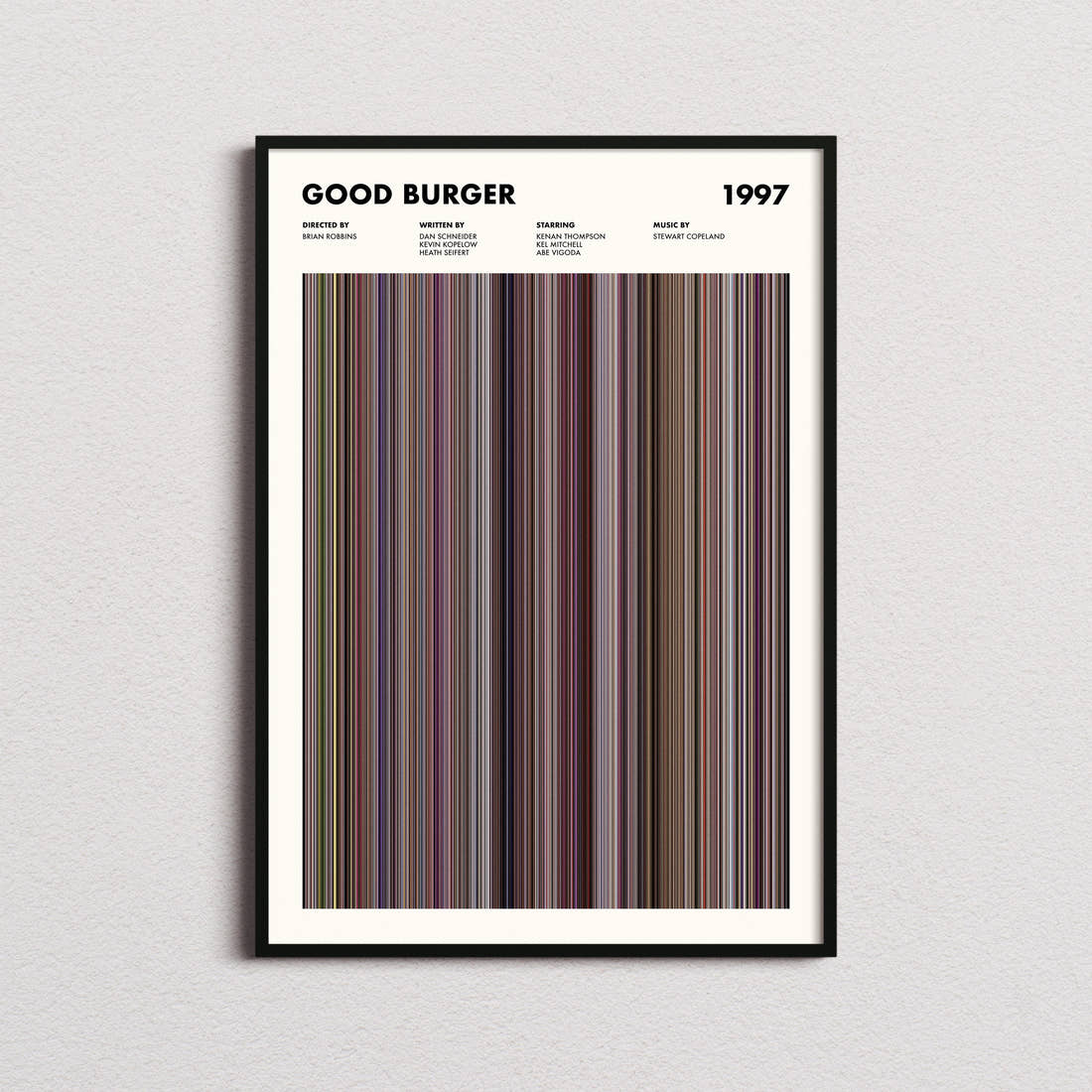 Good Burger Movie Barcode Poster framed on a plain studio wall