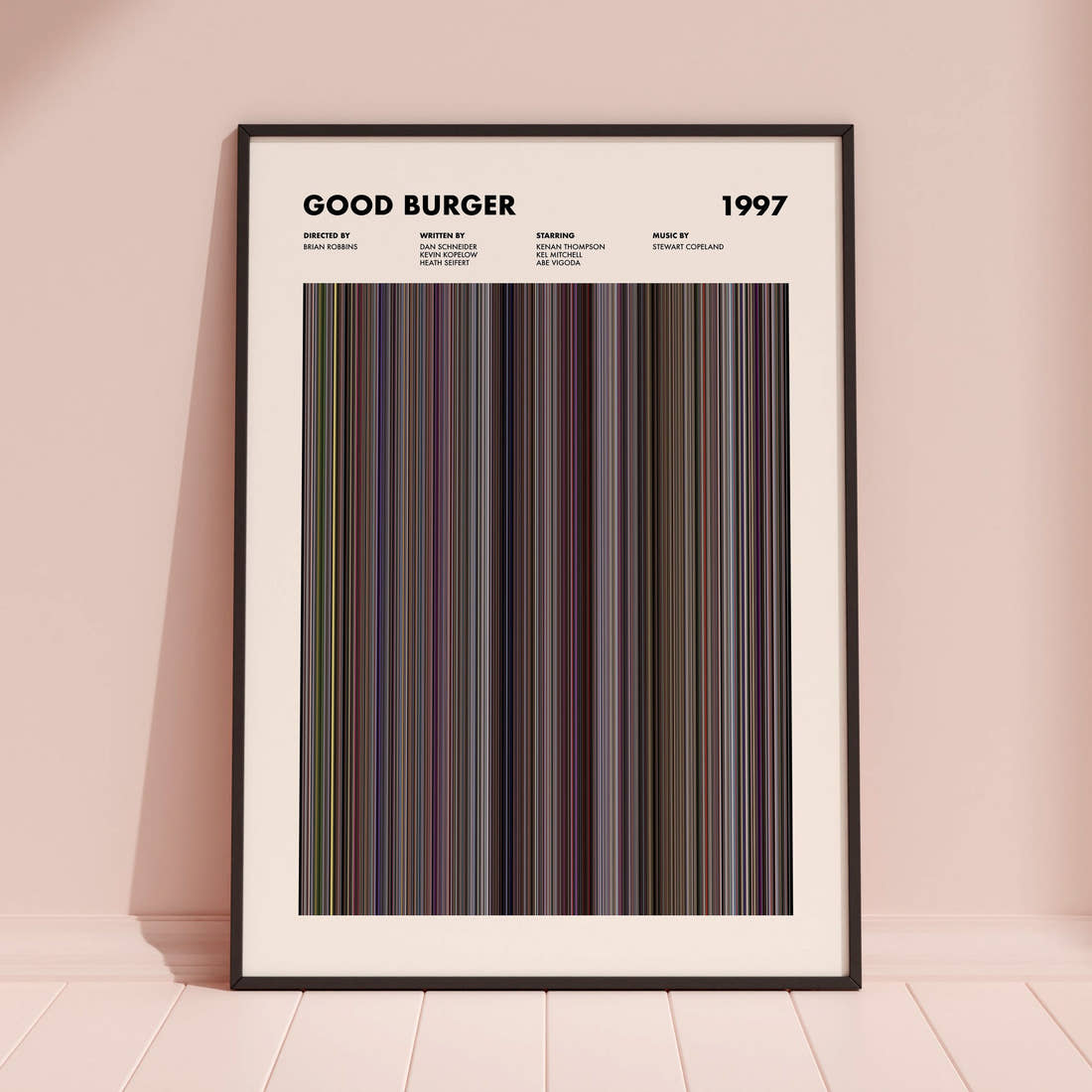 Good Burger Movie Barcode Poster framed and leaning against a coloured wall