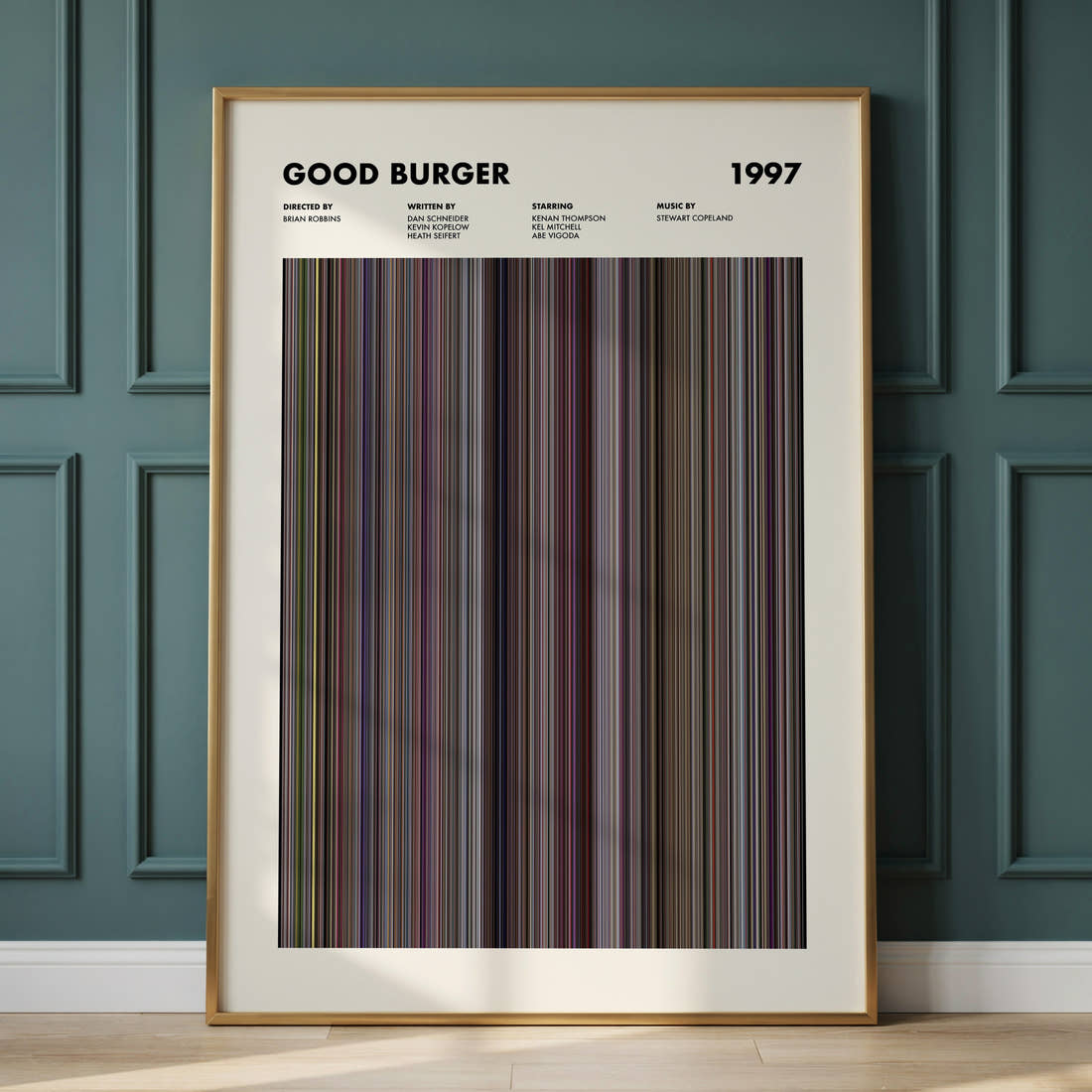 Good Burger Movie Barcode Poster framed and leaning against a panelled wall