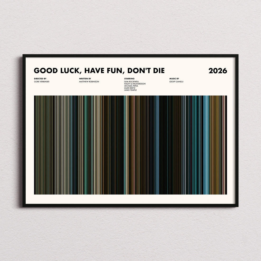 Good Luck, Have Fun, Don't Die Movie Barcode Poster framed and photographed straight on