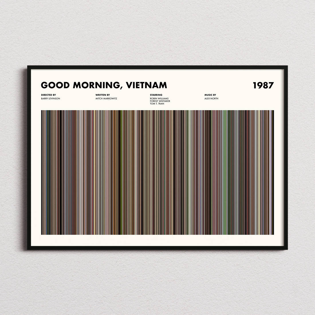 Good Morning, Vietnam Movie Barcode Poster framed and photographed straight on