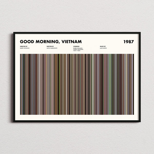 Good Morning, Vietnam Movie Barcode Poster framed and photographed straight on