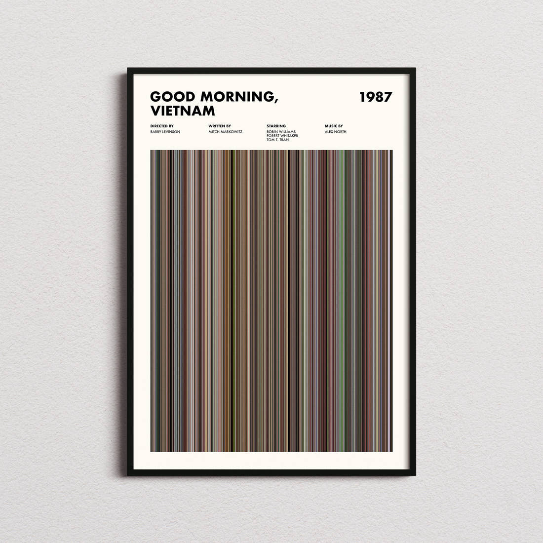 Good Morning, Vietnam Movie Barcode Poster framed on a plain studio wall