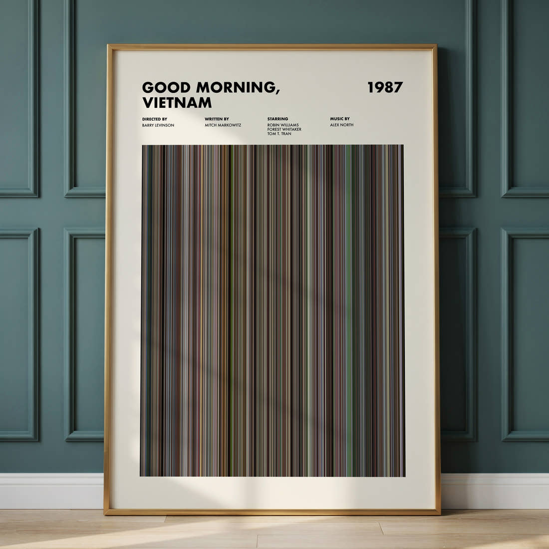 Good Morning, Vietnam Movie Barcode Poster framed and leaning against a panelled wall