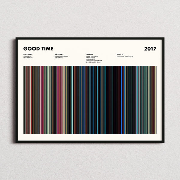 Good Time Movie Barcode Poster framed and photographed straight on