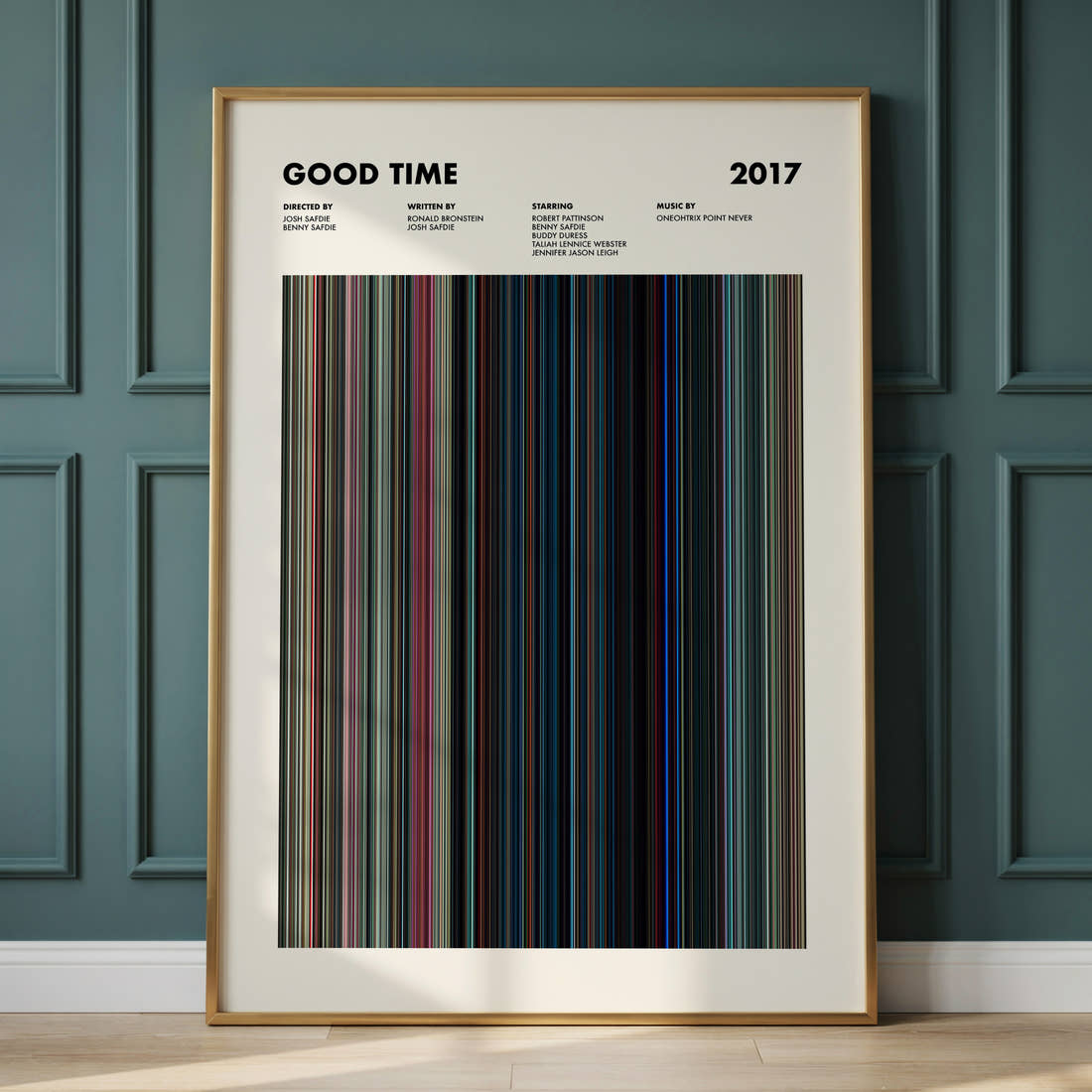 Good Time Movie Barcode Poster framed and leaning against a panelled wall