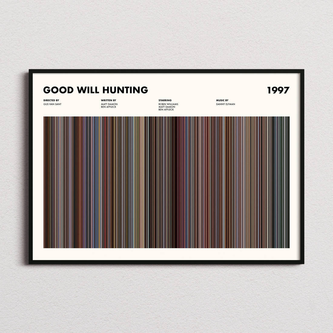 Good Will Hunting Movie Barcode Poster framed and photographed straight on