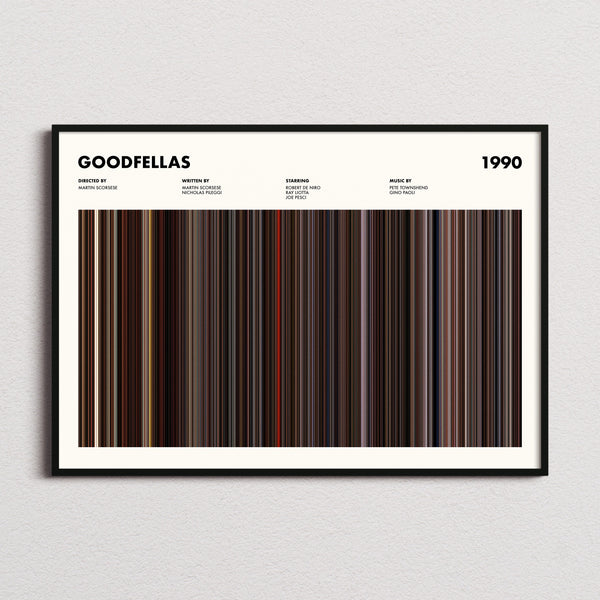 Goodfellas Movie Barcode Poster framed and photographed straight on