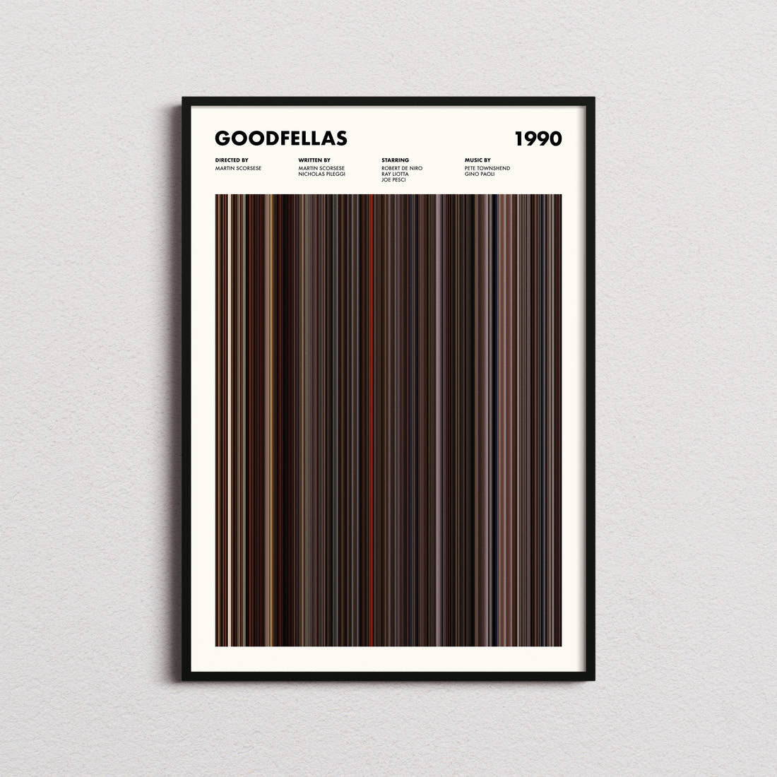 Goodfellas Movie Barcode Poster framed on a plain studio wall