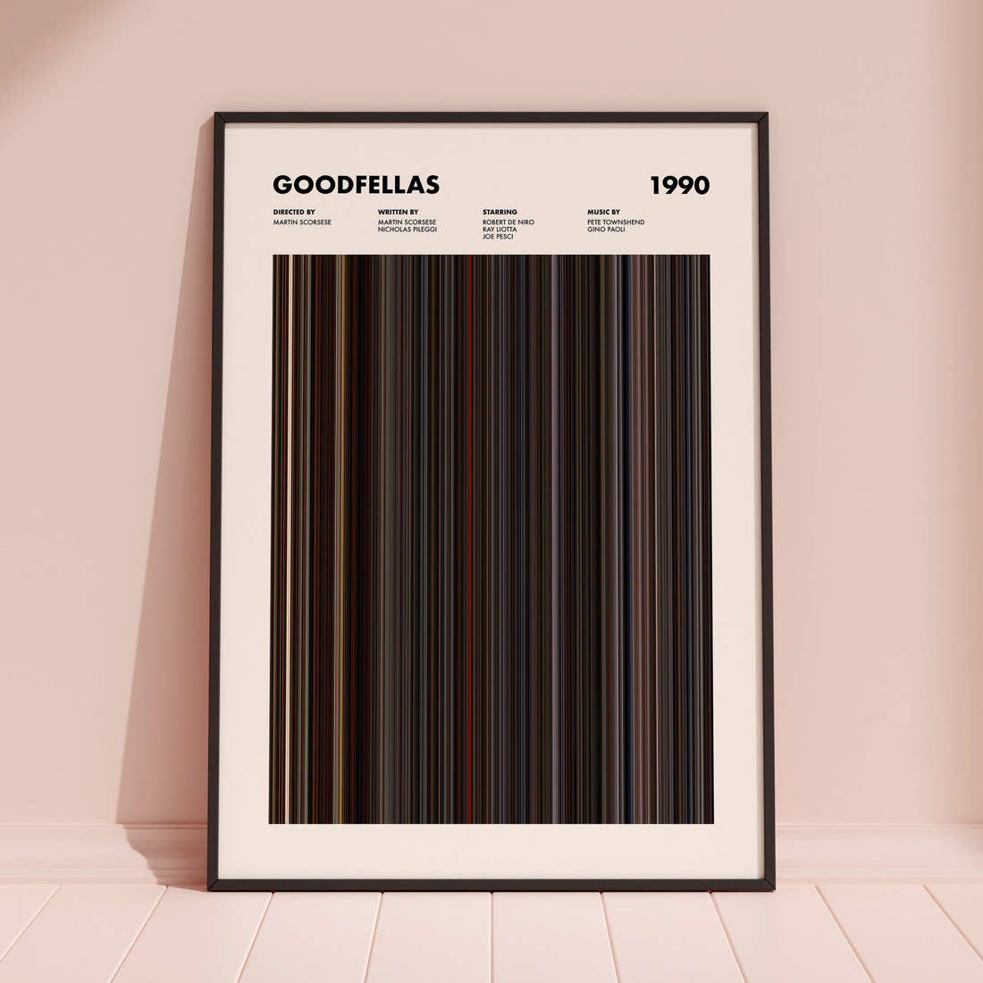 Goodfellas Movie Barcode Poster framed and leaning against a coloured wall
