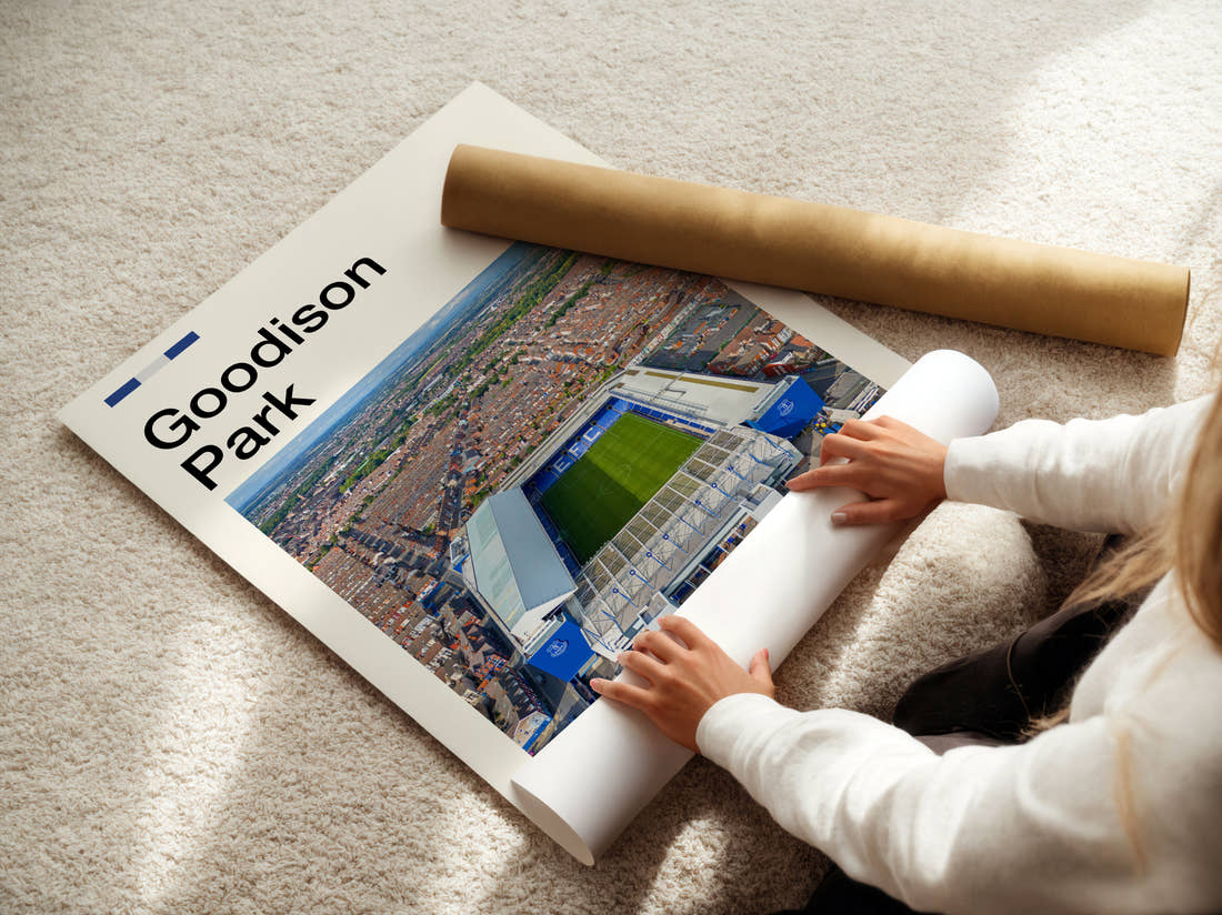Goodison Park Stadium Print being unrolled from its postal tube