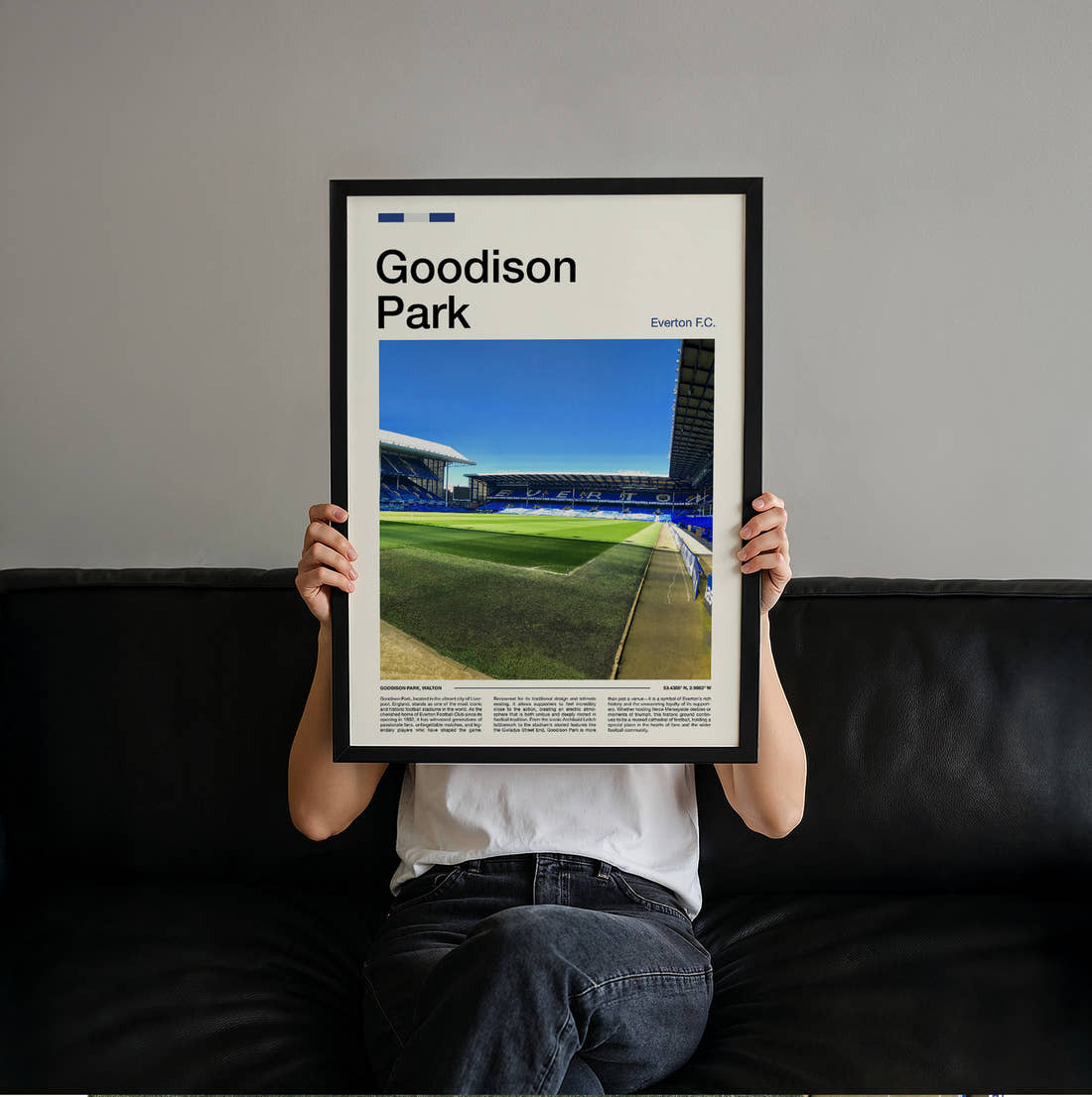Goodison Park Stadium Print held up by hand to show the size of the print