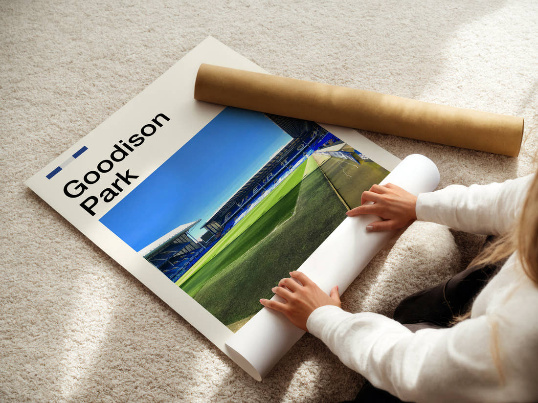 Goodison Park Stadium Print being unrolled from its postal tube