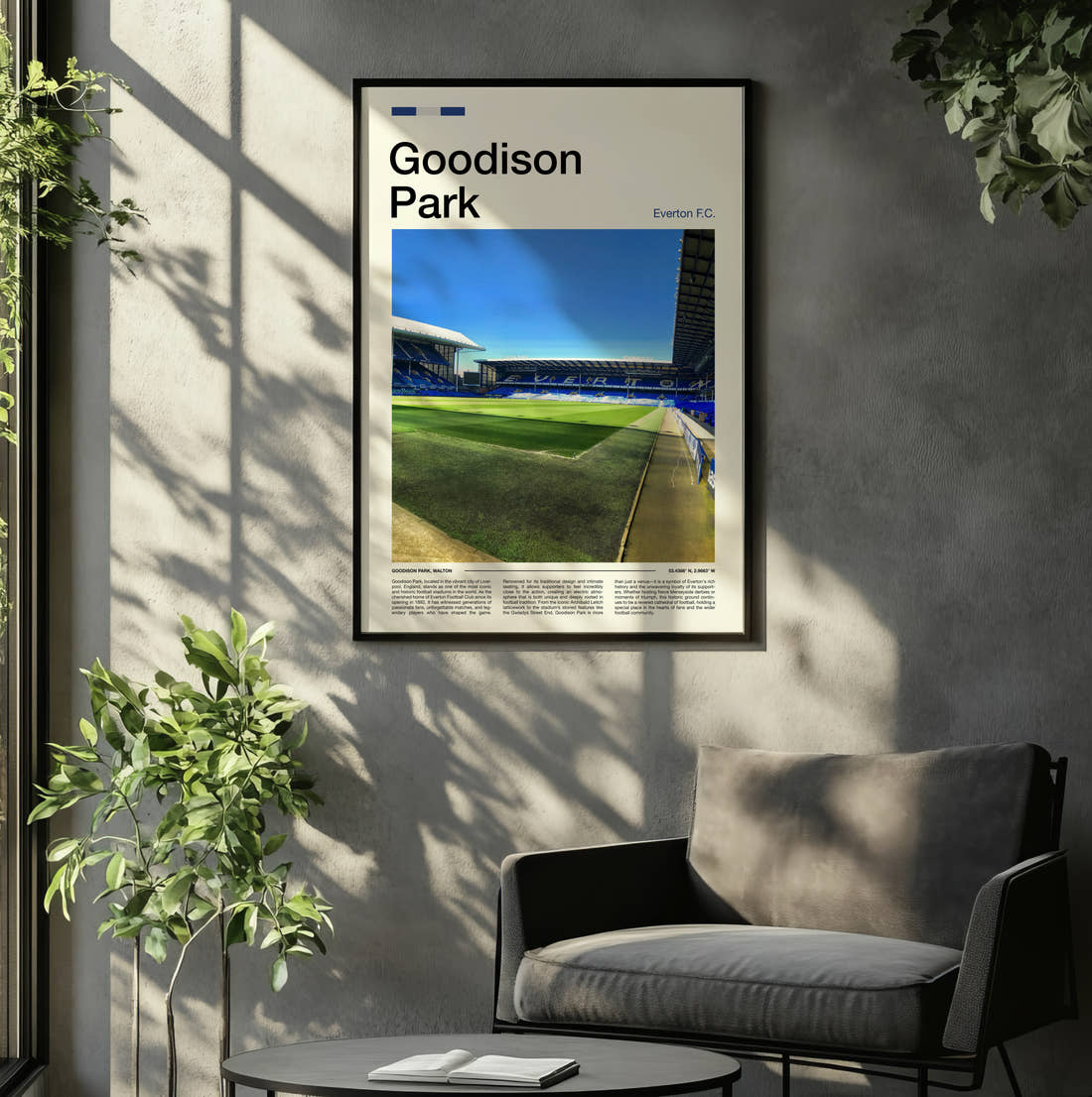 Goodison Park Stadium Print framed on the wall of a relaxed living room