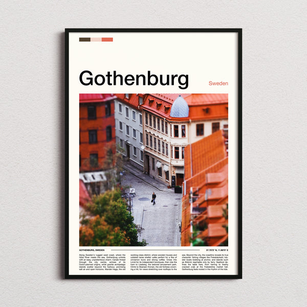 Gothenburg Cobbled Street Aerial Travel Print framed and photographed straight on