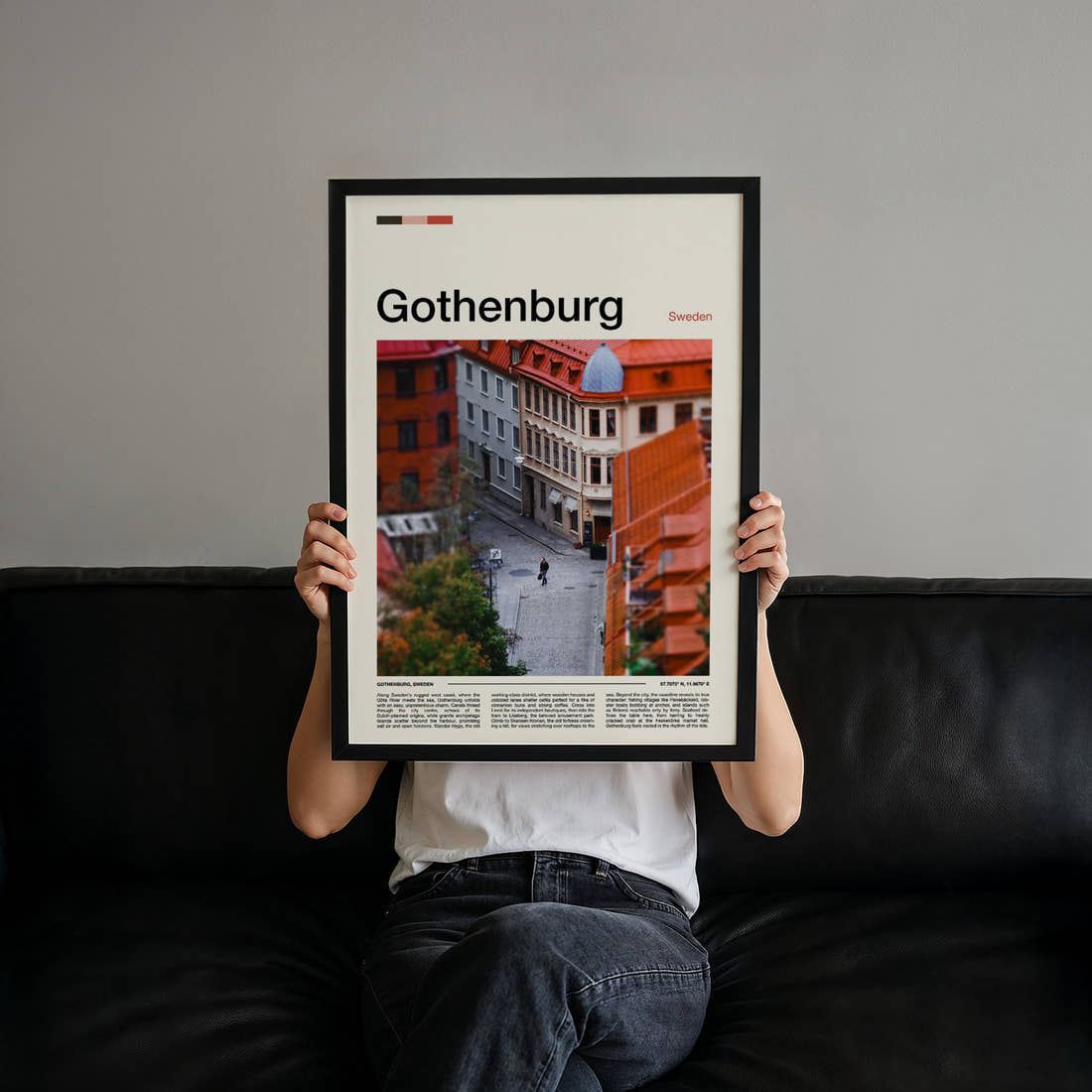 Gothenburg Cobbled Street Aerial Travel Print held up by hand to show the size of the print