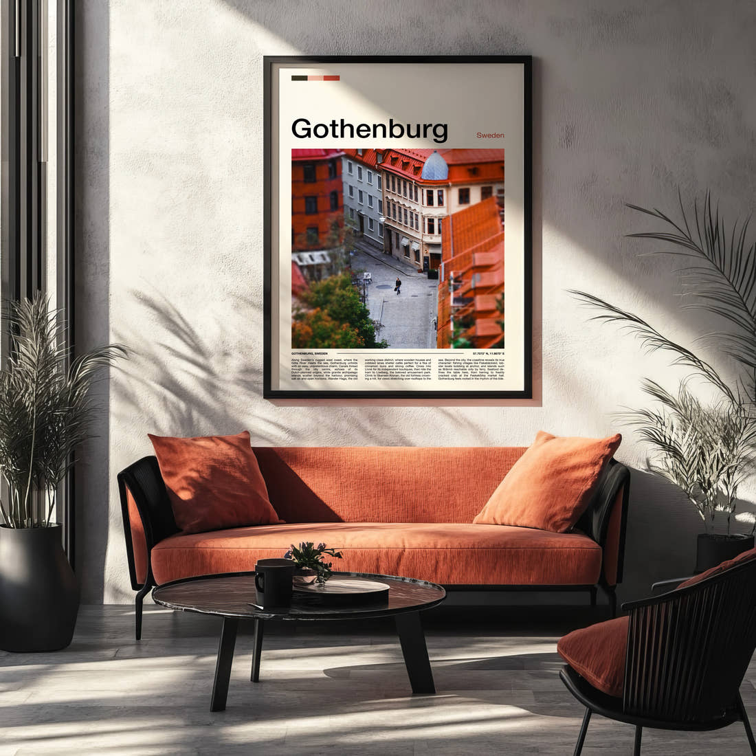 Gothenburg Cobbled Street Aerial Travel Print framed on the wall of a modern living room