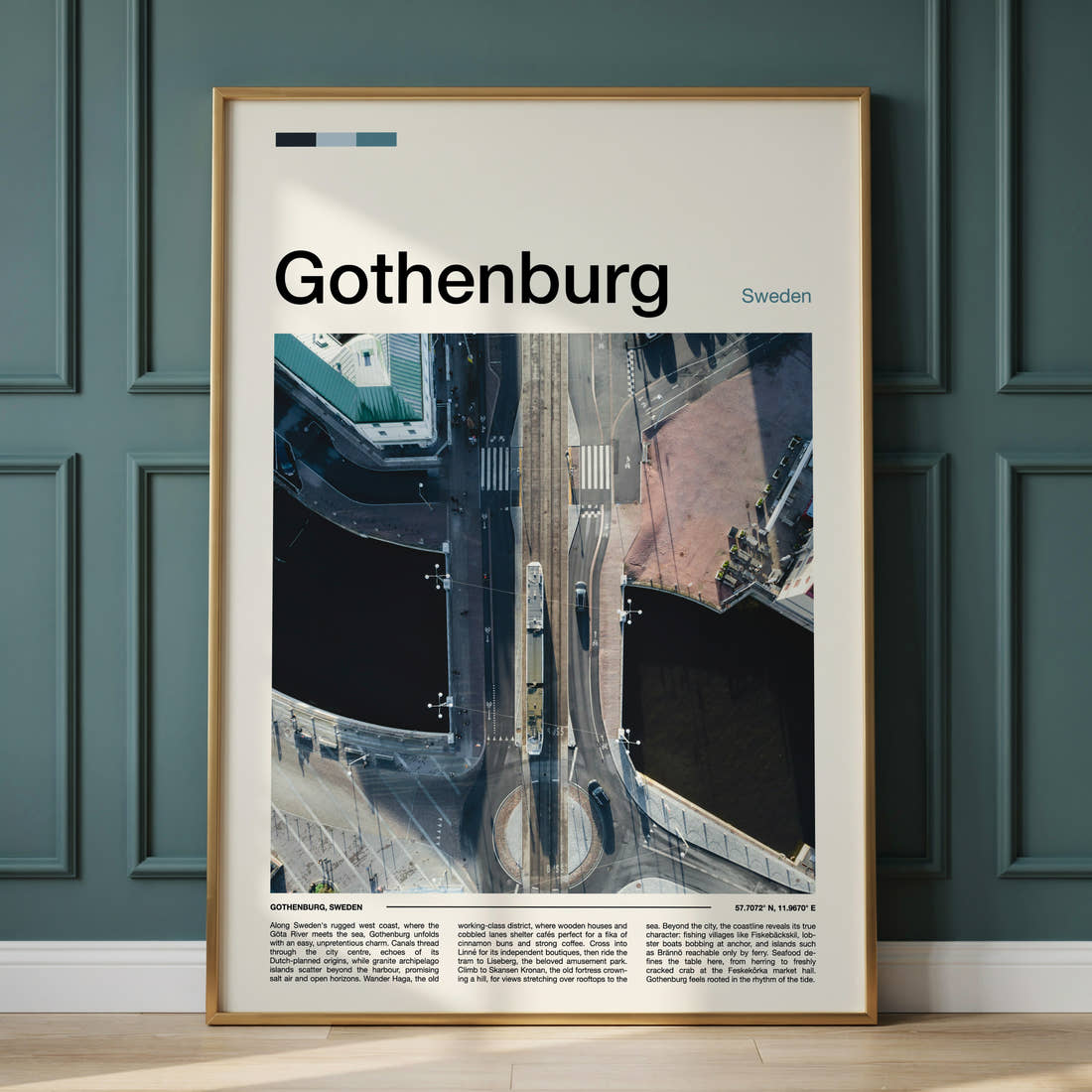 Gothenburg Aerial Bridge Crossing Travel Print framed on the wall of a calm, neutral bedroom
