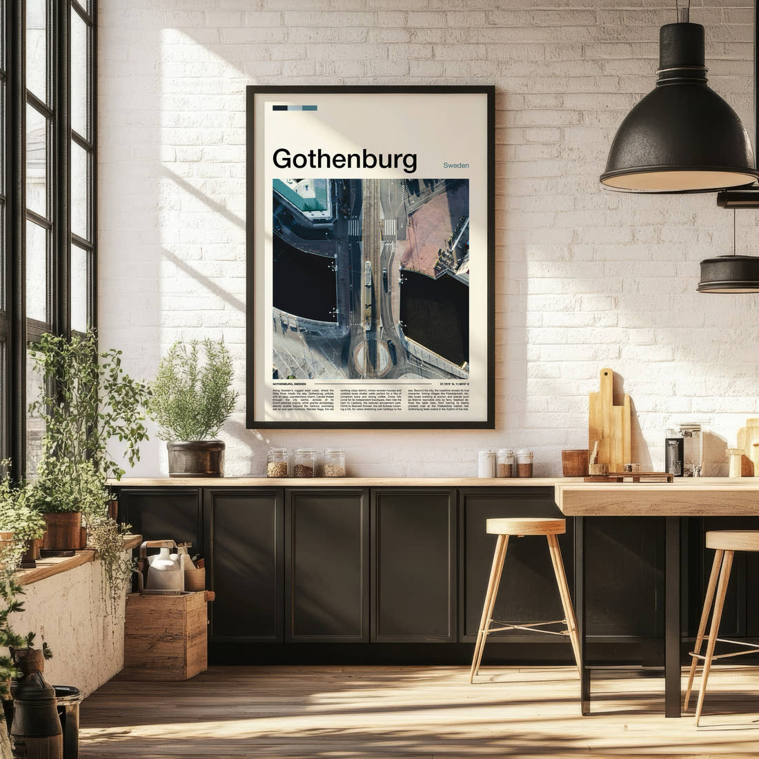 Gothenburg Aerial Bridge Crossing Travel Print framed on the wall of a bright kitchen and dining space