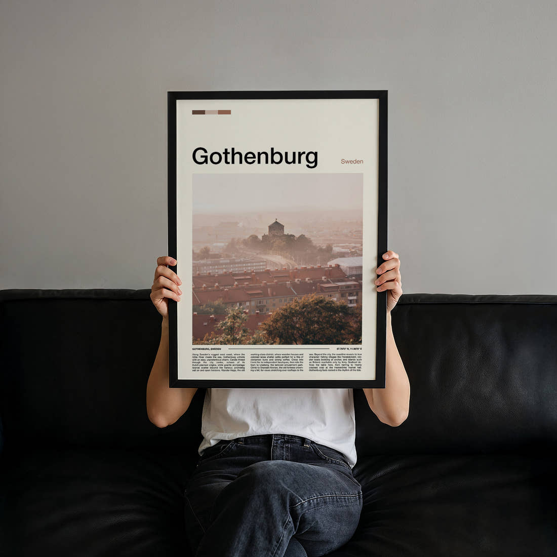 Gothenburg Hazy Rooftop View Travel Print held up by hand to show the size of the print