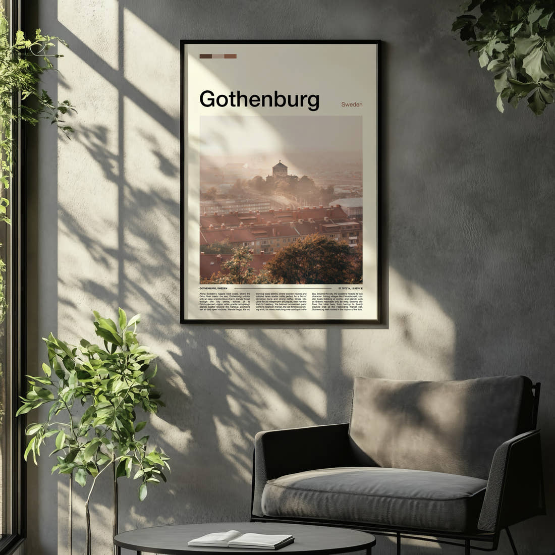 Gothenburg Hazy Rooftop View Travel Print framed on the wall of a relaxed living room