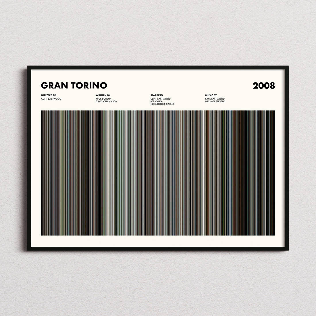 Gran Torino Movie Barcode Poster framed and photographed straight on