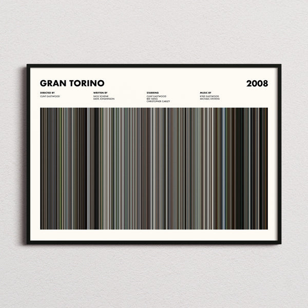 Gran Torino Movie Barcode Poster framed and photographed straight on