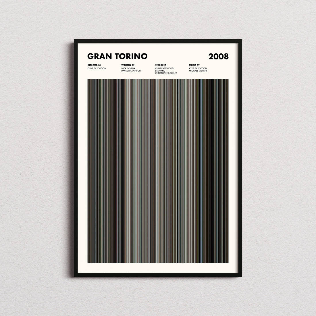 Gran Torino Movie Barcode Poster framed on a plain studio wall