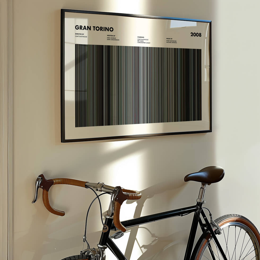 Gran Torino Movie Barcode Poster framed on the wall of a styled room setting