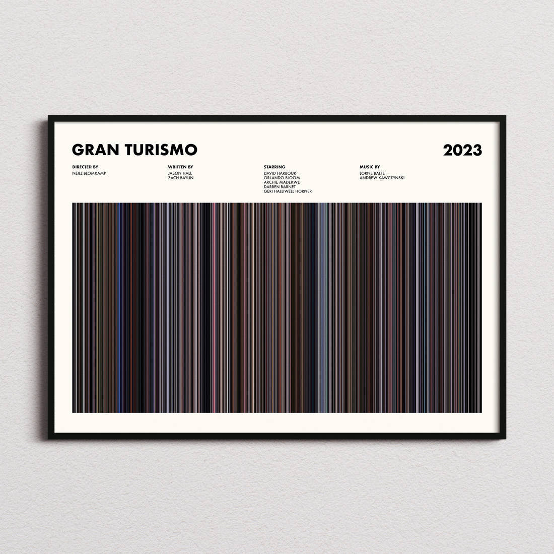 Gran Turismo Movie Barcode Poster framed and photographed straight on
