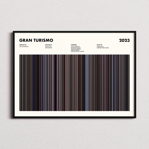 Gran Turismo Movie Barcode Poster framed and photographed straight on