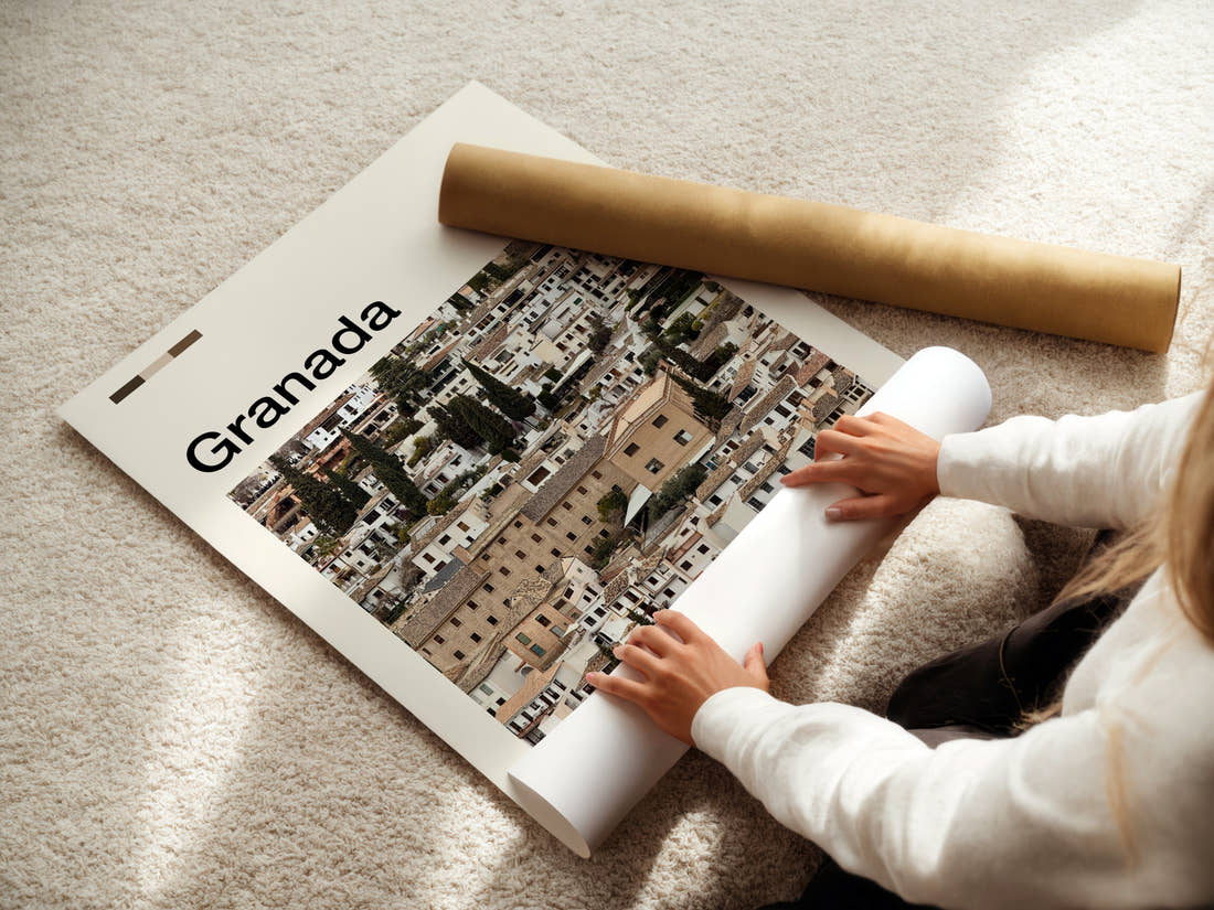 Granada Whitewashed Albaicín Houses Travel Print being unrolled from its postal tube