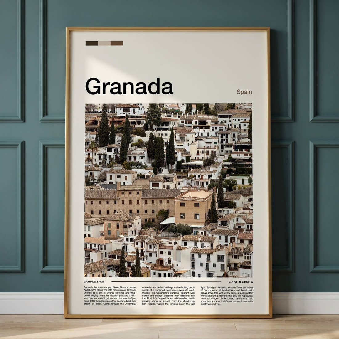 Granada Whitewashed Albaicín Houses Travel Print framed on the wall of a calm, neutral bedroom