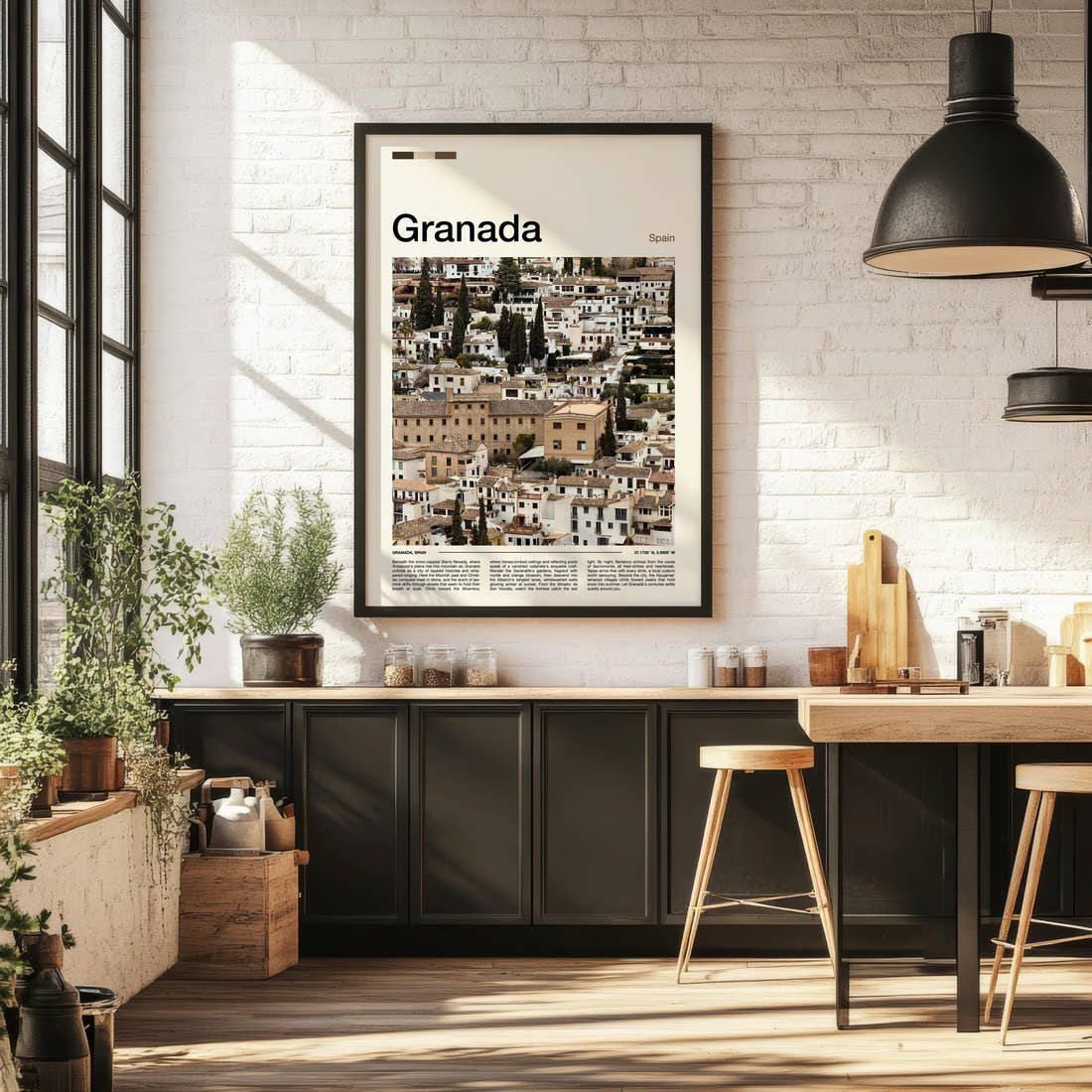 Granada Whitewashed Albaicín Houses Travel Print framed on the wall of a bright kitchen and dining space