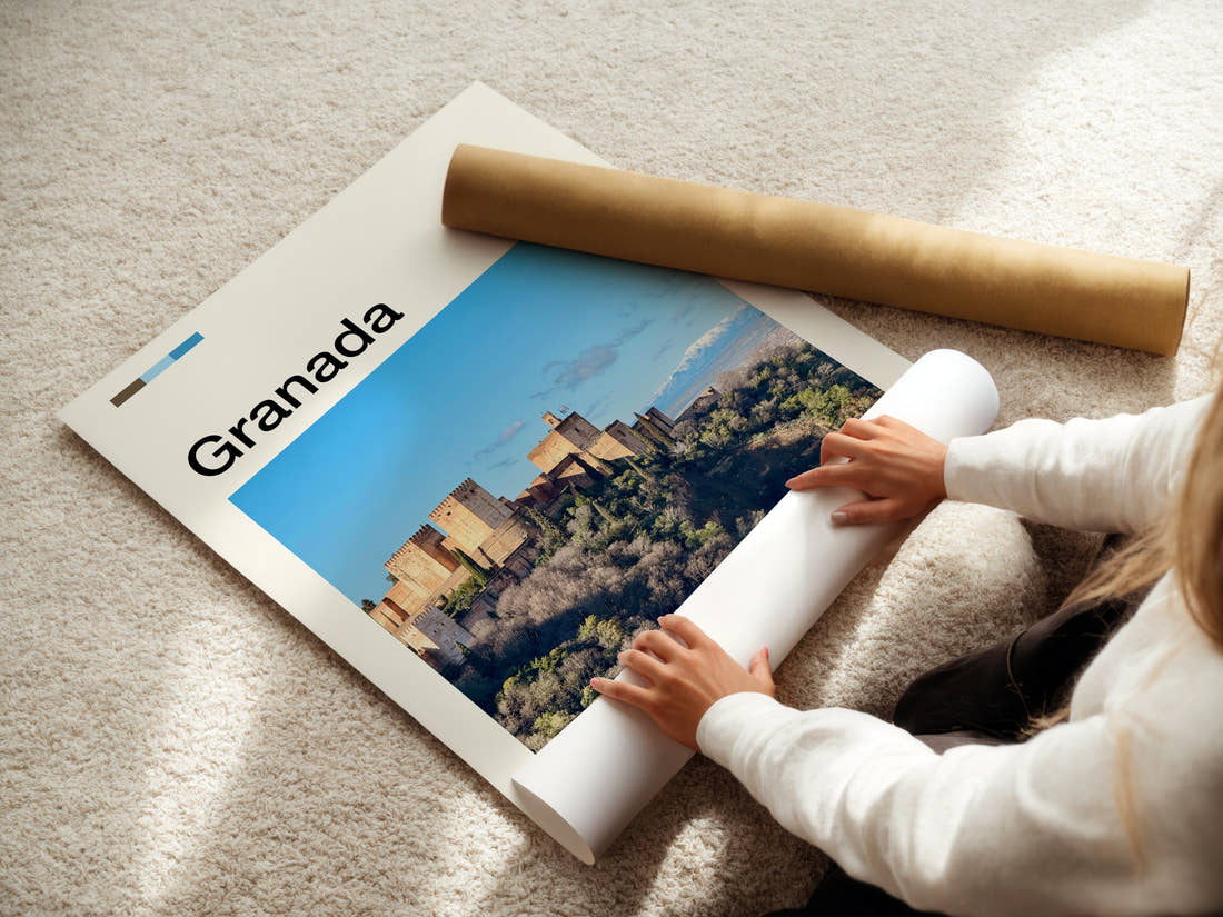 Granada Alhambra Fortress View Travel Print being unrolled from its postal tube