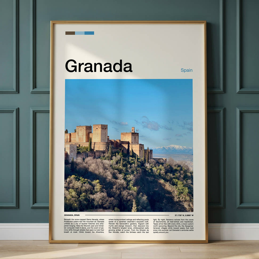 Granada Alhambra Fortress View Travel Print framed on the wall of a calm, neutral bedroom