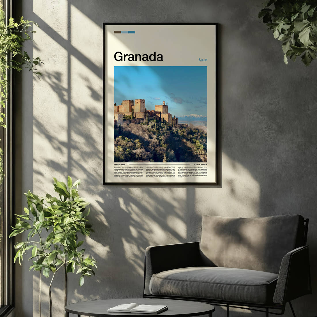 Granada Alhambra Fortress View Travel Print framed on the wall of a relaxed living room