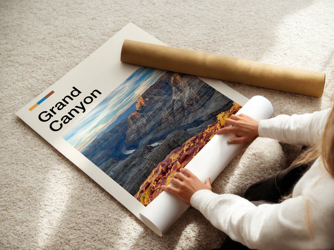 Grand Canyon Canyon And River Travel Print being unrolled from its postal tube