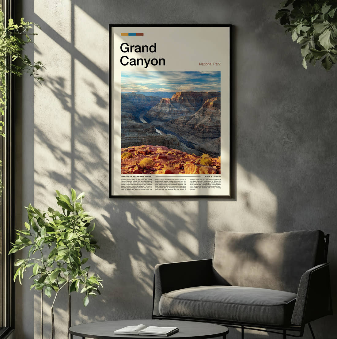 Grand Canyon Canyon And River Travel Print framed on the wall of a relaxed living room