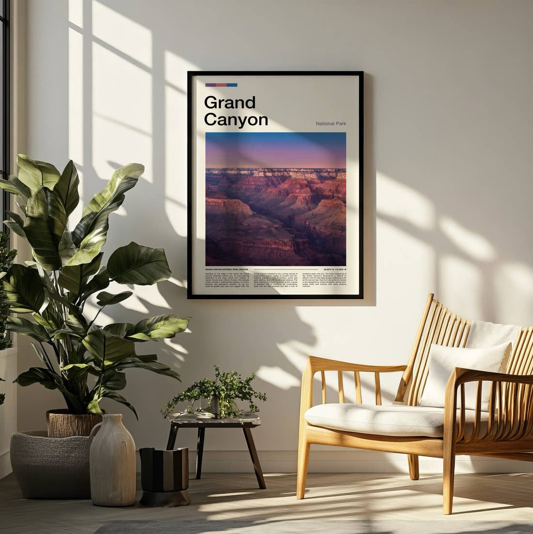 Grand Canyon Canyon At Sunset Travel Print framed on a pale wall beside houseplants