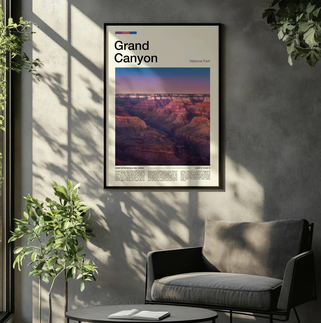 Grand Canyon Canyon At Sunset Travel Print framed on the wall of a relaxed living room